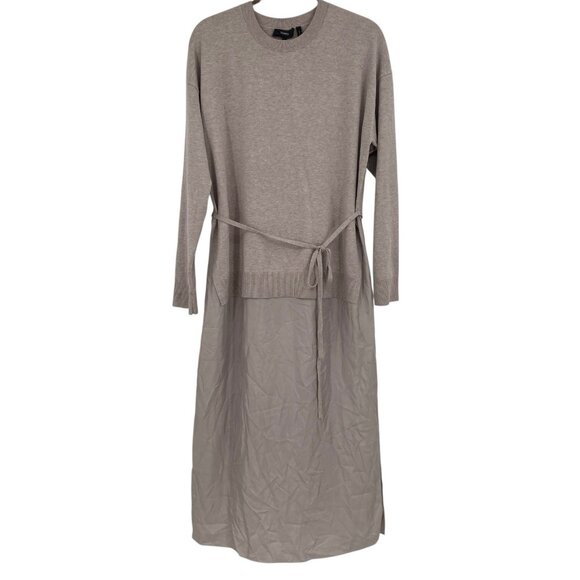 THEORY Size L Sweater Dress Twill Combo In Oatmeal Beige Tie Belt SEE DESC - Picture 1 of 16